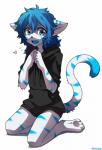 anthro black_nose blue_body blue_eyes blue_fur blue_hair blue_tongue bottomless clothed clothing fur hair heart_symbol hoodie long_hair looking_at_viewer male multicolored_body multicolored_fur open_mouth simple_background solo tongue topwear two_tone_body two_tone_fur white_body white_fur miri felid mammal 2015 hi_res