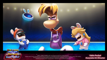 anthro black_eyebrows black_facial_hair black_mustache blonde_hair blue_clothing blue_ear_piercing blue_inner_ear blue_overalls blurred_background bottomless bottomless_anthro bottomless_female buckteeth button_(fastener) clapperboard closed_frown clothed clothed_anthro clothed_female clothed_humanoid clothing crown ear_piercing eyebrows eyeless facial_hair featureless_crotch featureless_legs female female_anthro floating_ears floating_hands floating_head floating_torso frown frowning_at_viewer gem gramophone group hair hands_on_own_belly headgear hoodie inside laugh laughing_at laughing_at_another leaning leaning_backward light long_ears long_hair looking_at_another looking_at_viewer machine male male_anthro male_humanoid mitten_hands mouth_closed mouthless mustache noseless on_stage overalls piercing pink_clothing pink_shirt pink_topwear purple_clothing purple_hoodie purple_topwear red_tongue ruby_(gem) sad sapphire_(gem) screen screen_face shirt shirtless_anthro shirtless_male short_hair short_legs stage_lights standing tan_body tan_inner_ear tan_skin teeth text title tongue topwear year yellow_eyes fabio_pochet mario_bros mario_plus_rabbids_kingdom_battle mario_plus_rabbids_sparks_of_hope nintendo raving_rabbids rayman_(series) ubisoft beep-0 rabbid_mario rabbid_peach rayman humanoid lagomorph mammal rabbid raypeople_(rayman) robot 16:9 2023 4k absurd_res artist_name colored concept_art crossover digital_drawing_(artwork) digital_media_(artwork) english_description english_text hi_res lighting official_art shaded widescreen male_(lore)