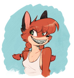 anthro bared_teeth biped black_body black_ears black_fur blue_background braces breasts cartoon_freckles cheek_tuft cleavage clothed clothing countershade_fur countershade_torso countershading dialogue facial_tuft fangs female freckled_face freckled_shoulders freckles fur green_eyes orange_body orange_fur pigtails shirt side_boob simple_background smile solo speech_bubble tan_body tan_countershading tan_fur tank_top teeth text topwear tuft white_background fuel_(artist) patricia_mac_sionnach canid canine fox mammal 2026 english_text hi_res