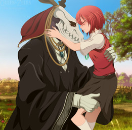 anthro black_clothing black_robe blush bone carrying_another clothing detailed_background duo eyes_closed female footwear gloves handwear headgear headwear horn jewelry logo male pendant red_clothing red_headwear red_sweater red_sweater_vest red_topwear red_vest robe shirt skull skull_head socks sweater sweater_vest text topwear vest white_clothing white_footwear white_gloves white_handwear white_shirt white_socks white_topwear lady-fantasma american_mythology indigenous_north_american_mythology mythology north_american_mythology the_ancient_magus'_bride chise_hatori elias_ainsworth human mammal wendigo absurd_res artist_logo artist_name hi_res