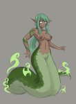 2017 5_fingers after_transformation anthro apode breasts digital_media_(artwork) draconcopode female fingers genitals green_body green_hair green_scales grey_background hair hi_res humanoid_pointy_ears lamia legless lyn_(z-ray) navel nipples nude pussy reptile scales scalie serpentine simple_background smile snake solo split_form thatweirdguyjosh