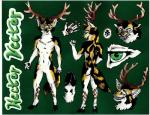 anthro black_body black_fur chest_tuft claws fur green_background green_eyes grin hooves male multicolored_body multicolored_fur multiple_poses nude orange_body orange_fur pose scar simple_background smile snarling solo tuft white_body white_fur margyote hector_vector canid canine canis cervine deer elk hybrid mammal wolf model_sheet traditional_media_(artwork)