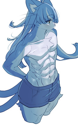 abs anthro athletic athletic_anthro athletic_male blue_body blue_fur blue_hair bottomwear chest_tuft clothed clothing collarbone countershade_face countershade_torso countershading femboy forked_tail fur hair kemono long_hair male muscular muscular_anthro muscular_femboy muscular_male navel pecs shorts simple_background solo tail topless topless_anthro topless_male tuft unusual_anatomy unusual_tail veiny_arms white_background yellow_eyes miyanokoko japan_air_self-defense_force omaneko_(jasdf) domestic_cat felid feline felis mammal 2025 hi_res