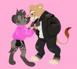 2018 anthro anthro_on_anthro beaglescouts black_hair bottomwear breasts claws clothed clothing duo felid female female/female fur hair heart_symbol hyena kissing lion mammal markings muscular muscular_female pantherine pants slightly_chubby smile spots spotted_body spotted_fur spotted_hyena yellow_eyes yellow_sclera