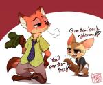 anthro blush clean_diaper clothed clothing dialogue diaper duo male pants_removed pulling_down_shirt smug text wearing_diaper white_diaper m@rt disney zootopia finnick_(zootopia) nick_wilde canid canine fennec_fox fox lagomorph mammal red_fox true_fox digital_media_(artwork) english_text hi_res