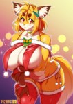 accessory anthro areola areola_slip bare_shoulders big_breasts blonde_hair blush bow_ribbon breasts choker christmas_clothing clothing ear_tuft eyebrows female female_anthro fluffy fluffy_tail gloves_(marking) gradient_background hair hair_accessory holidays holly_(plant) jewelry kemono leaning leaning_forward legwear looking_at_viewer markings necklace open_mouth plant pupils red_clothing red_eyes red_legwear red_thigh_highs simple_background slit_pupils solo tail text thick_eyebrows thigh_highs tuft whiskers amakuchi christmas foxy-rena canid canine fox mammal red_fox true_fox 2021 english_text hi_res portrait signature three-quarter_portrait