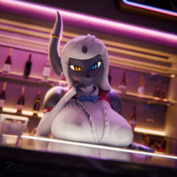 alcohol amber_eyes anthro bartender bedroom_eyes beverage big_breasts blue_eyes bodily_fluids bow_accessory breast_rest breasts clothing curvy_figure eyelashes female fur furgonomics glowing glowing_eyes hair heterochromia horn horn_jewelry huge_breasts jewelry lactating looking_at_viewer multicolored_body multicolored_fur narrowed_eyes seductive smile smirk soaked solo thick_eyelashes uniform voluptuous wet wet_clothing white_hair kit3d kit3d_(modeler) nintendo pokemon absol_bartenders katherine_(r-mk) absol generation_3_pokemon mammal pokemon_(species) 1:1 2025 3d_(artwork) blender_(artwork) digital_media_(artwork) hi_res signature