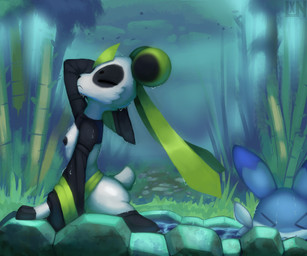 ambiguous_gender anthro butt clothed clothing female feral flat_chested nipples outside water wet lennoxicon palworld pocketpair bear chillet giant_panda leafan_(pal) mammal pal_(species) 6:5 hi_res