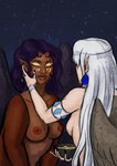 breasts brown_body brown_fur duo female female/female feral fur hair humanoid_face jewelry lips makeup nipples purple_hair wings oracle_sphinx mythology bianka_(oracle_sphinx) trisha_(oracle_sphinx) felid mammal mythological_creature mythological_sphinx