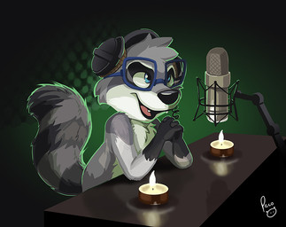 anthro black_nose blue_eyes candle electronics eyewear fangs fur furniture glasses glistening glistening_eyes gloves_(marking) grey_body grey_fur headphones male male_anthro markings microphone nude open_mouth open_smile rectangular_glasses red_tongue smile solo striped_markings striped_tail stripes table tail tail_markings teeth tongue pandapaco mammal procyonid raccoon