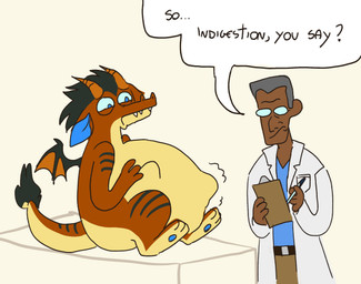 after_vore ambiguous_gender anthro black_hair brown_body brown_scales clipboard clothed clothing coat doctor duo grey_hair group hair horn indigestion lab_coat male membrane_(anatomy) membranous_wings pawpads pen_(object) scales sharp_teeth speech_bubble stripes tail tail_fur tan_body tan_scales teeth text topwear trio vore wings yvortal mythology dr._yiphman ambiguous_species dragon human mammal mythological_creature mythological_scalie scalie english_text hi_res