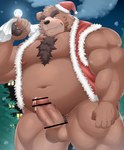 anthro belly bodily_fluids brown_body bulge christmas_clothing christmas_headwear clothing detailed_background erection genital_fluids genitals hat headgear headwear holidays kemono male moobs moon navel night nipples outside overweight overweight_male penis plant precum pubes santa_hat solo tree underwear nisikemo christmas bear mammal 2023 absurd_res censored hi_res