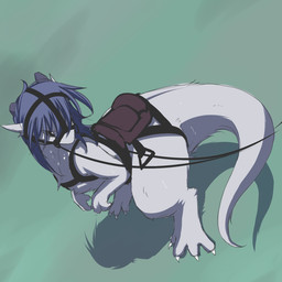 3_fingers 4_toes ambiguous_gender bridle claws digitigrade feet feral fingers fur green_background hair horn leash long_hair looking_back mount purple_hair reins saddle simple_background solo standing tail thick_tail toes white_body white_fur wide_hips fadingsky crude_(fadingsky) windea_(fadingsky) 1:1 2014 hi_res