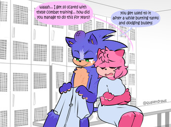 after_fight after_training anthro belly bench blue_body blue_fur blue_quills bodily_fluids bruised bruised_head dialogue duo female fur gown green_eyes head_wound locker locker_room male nude_anthro nude_male partially_clothed_anthro partially_clothed_female pink_body pink_fur pink_quills roughed_up scratches speech_bubble tan_belly tan_hands tan_inner_ear tan_mouth tan_palms tears text quavernsfw sega sonic_the_hedgehog_(series) amy_rose sonic_the_hedgehog eulipotyphlan hedgehog mammal 2025 digital_media_(artwork) english_text hi_res