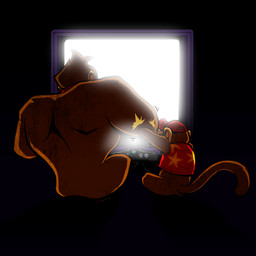 clothing duo electronics fur gaming hat headgear headwear male muscular muscular_male playing_video_game sitting television scottyartz donkey_kong_(series) nintendo diddy_kong donkey_kong_(character) ape haplorhine mammal monkey primate 1:1