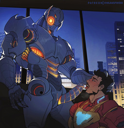 armor beard blush bodily_fluids city claws dripping duo facial_hair fellatio finger_claws genitals glans glowing glowing_body grey_body head_grab humanoid_genitalia humanoid_penis machine male male/male mustache night not_furry open_mouth oral penile penis power_armor robophilia saliva saliva_drip saliva_on_penis saliva_string sex skyline sweat text tongue tongue_out window vhkansfweer marvel marvel_rivals tony_stark ultron human humanoid mammal robot robot_humanoid 2025 artist_name story_at_source