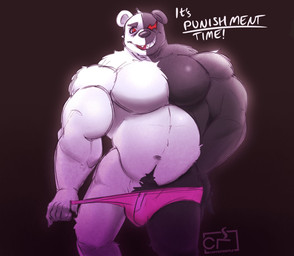 alternate_species anthro belly black_body clothed clothing furrification genetic_chimerism male multicolored_body musclegut muscular muscular_anthro muscular_male overweight overweight_male partially_clothed pecs pubes smile solo split_color teeth underwear underwear_down white_body tuftbubble danganronpa spike_chunsoft monokuma bear mammal hi_res