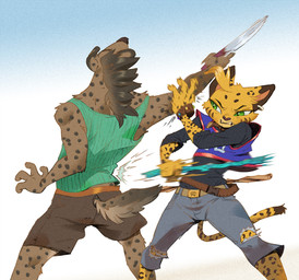 action_pose angry anthro arnis attack belt bottomwear brown_body brown_fur clenched_teeth clothing denim denim_bottomwear denim_clothing denim_shorts duo ear_piercing ear_ring female fluffy fluffy_tail fur green_eyes head_tuft hitting_another holding_object holding_weapon impact_lines jersey knife long_sleeves long_tail male markings mohawk motion_lines piercing pointy_ears pose rear_view ring_piercing shirt shorts simple_background spots spotted_body spotted_markings tail tank_top teeth topwear torn_bottomwear torn_clothing torn_shorts tuft weapon yellow_body yellow_fur ruffu pepper_in_the_sandbox pepper_(ruffu) unnamed_character felid feline hyena mammal serval digital_drawing_(artwork) digital_media_(artwork)