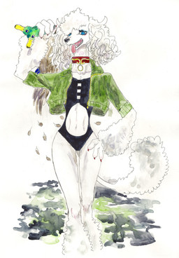 anthro beak blue_eyes clothed clothing collar colored_nails female fur hair jacket looking_at_viewer nails one-piece_swimsuit open_mouth simple_background solo swimwear tail teeth tongue tongue_out topwear white_background white_body white_fur white_hair kyokyota anatid anseriform avian bird canid canine canis domestic_dog duck mammal poodle 2018 absurd_res hi_res traditional_media_(artwork)