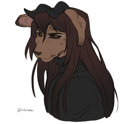 anthro black_clothing black_horn black_sclera black_topwear brown_body brown_fur brown_hair clothed clothing floppy_ears fur green_pupils hair horn long_hair male male_anthro mouth_closed narrowed_eyes orange_eyes pupils side_view simple_background solo topwear white_background cobu canid canine canis domestic_dog mammal bust_portrait portrait signature