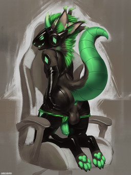 4_ears animal_genitalia animal_penis anthro anus armwear balls canine_genitalia canine_penis clothing ear_tuft fur gaming_chair genitals green_anus green_genitals green_hair green_paws grey_body grey_fur hair horn jockstrap_down latex latex_armwear latex_clothing latex_legwear legwear machine male multi_ear paws penis raised_tail solo tail tuft oreobird protogen 3:4