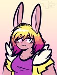 2023 allison_goleta angry clothing female gradient_background hair hair_down hi_res jacket lagomorph leporid mammal multicolored_hair rabbit simple_background solo solo_focus super_lesbian_animal_rpg topwear watermark winguthings