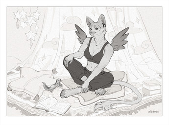 anthro biped book breasts claws clothed clothed_anthro clothed_female clothing feet female fingers front_view fur inside looking_at_viewer navel pillow sitting smile solo tail toes wings alsares felid feline mammal 2026 digital_drawing_(artwork) digital_media_(artwork)