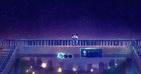 anthro biped chibi city detailed_background fur multicolored_body multicolored_fur night outside solo two_tone_body two_tone_fur araru bear giant_panda mammal 2020 hi_res