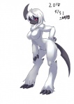 anthro anthrofied big_breasts biped breasts dewclaw digitigrade featureless_breasts featureless_crotch female hair hands_on_hips mane naturally_censored navel nude paws pokemorph red_eyes simple_background smile solo standing text white_background ni_jikan nintendo pokemon absol canid canine generation_3_pokemon mammal pokemon_(species) 2015 japanese_text