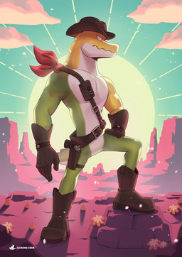 anthro belt boots candy clothing dessert featureless_crotch flower food footwear gloves green_body gun gun_holster handwear hankerchief holster leather leather_boots leather_clothing leather_footwear leather_gloves leather_handwear male multicolored_body outside pecs plant ranged_weapon rock serious shoes sky solo stepping tail weapon white_body yellow_body anjing_kampuss glitch_productions the_amazing_digital_circus gummigoo_(tadc) crocodile crocodilian food_creature living_candy reptile scalie hi_res