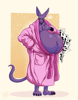 anthro bathrobe bathrobe_only belly big_belly black_claws claws clothed clothing ear_piercing ellipsis hairless long_ears looking_at_viewer male motion_lines navel open_clothing open_robe piercing purple_body purple_skin robe robe_only rumbling_stomach simple_background solo speech_bubble tail yellow_eyes awoogasm voxelcubed dragon_ball dragon_ball_super toei_animation beerus domestic_cat felid feline felis hairless_cat mammal sphynx_(cat) 2026 hi_res