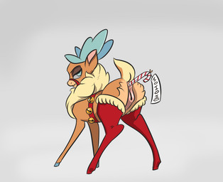 anal anal_penetration antlers anus bell black_hooves blue_antlers blue_eyes brown_body brown_fur butt candy candy_cane clothing dessert female feral fluffy fluffy_tail food food_fetish food_insertion food_play footwear fur genitals half-closed_eyes hooves horn improvised_dildo improvised_sex_toy legwear looking_at_viewer looking_back mostly_nude muzzle_(object) muzzled narrowed_eyes penetration raised_tail short_tail smile socks solo standing tail tan_body tan_fur thigh_highs thigh_socks vulva alorix them's_fightin'_herds velvet_reindeer_(tfh) deer mammal new_world_deer reindeer digital_media_(artwork)