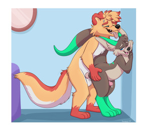 against_surface against_wall anthro bodily_fluids border cum cum_inside duo genital_fluids male male/male piercing tail white_border orlandofox kazter absurd_res hi_res