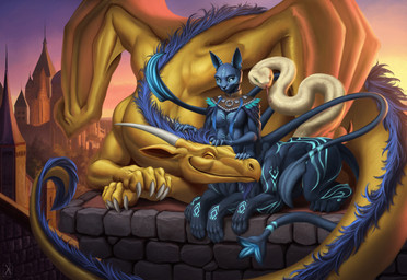 ambiguous_gender blue_body blue_eyes building castle day feral group headpat horn male membrane_(anatomy) membranous_wings outside scales size_difference smile tail tongue tongue_out tower white_body white_scales wings yellow_body lambdakat dungeons_and_dragons hasbro mythology wizards_of_the_coast cat_taur displacer_beast domestic_cat dragon felid felid_taur feline feline_taur felis mammal mammal_taur mythological_creature mythological_scalie reptile scalie snake taur 2022 digital_media_(artwork) hi_res