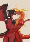 2020 anthro bakugan butt digital_media_(artwork) drago_(bakugan) dragon duo french_kissing helios_(bakugan) horn kissing male male/male mythological_creature mythological_scalie mythology nude open_mouth red_body scalie sega sega_fave sellon simple_background smile tail teeth tongue tongue_out wings