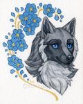 art_nouveau blue_eyes blue_flower copyright_symbol floral floral_pattern flower fluffy forget-me-not_(flower) fur gold_text grainy_texture grey_body grey_fur looking_at_viewer multicolored_body multicolored_fur neck_tuft plant pointy_ears prick_ears smile solo stem symbol text tuft katie_hofgard canid canine canis mammal wolf 2019 copyright_name headshot_portrait painting_(artwork) portrait signature traditional_media_(artwork) watercolor_(artwork) watermark