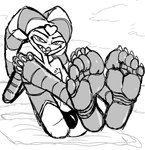 5_toes anthro feet foot_fetish foot_focus humanoid_feet looking_at_viewer male plantigrade robotic_limb soles solo toes foot_ninja15 helluva_boss fizzarolli_(helluva_boss) imp hi_res monochrome sketch unfinished