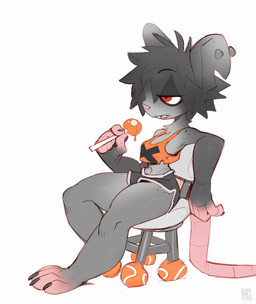 anthro barefoot bottomwear breasts candy chibi claws clothing crop_top dessert ear_piercing feet female food fur furniture grey_body grey_fur holding_candy holding_food holding_lollipop holding_object hotpants lollipop narrowed_eyes notched_ear orange_clothing orange_topwear piercing red_eyes shirt shorts side_view simple_background sitting small_waist solo stool tail toe_claws topwear white_background foresttherotten american_opossum mammal marsupial virginia_opossum 2026 digital_media_(artwork) hi_res sketch