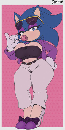 anthro bandeau big_breasts blue_body blue_eyes blue_fur blue_hair bottomwear breasts clothed clothed_anthro clothed_female clothing cosplay crossgender eyeshadow eyewear female footwear fur gloves hair handwear high_heels jacket lips looking_at_viewer makeup mtf_crossgender nipple_outline pants purple_clothing purple_eyeshadow purple_jacket purple_topwear shoes solo sunglasses thick_lips topwear white_bottomwear white_clothing white_gloves white_handwear white_pants wide_hips blursedart sega sonic_the_hedgehog_(series) the_murder_of_sonic_the_hedgehog rouge_the_bat sonic_the_hedgehog eulipotyphlan hedgehog mammal 2026 absurd_res hi_res
