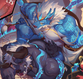 anal anal_penetration anthro barazoku bdsm beard black_body black_sclera blue_body blue_eyes blush bodily_fluids bound brush collar cum cum_in_ass cum_inside duo facial_hair gem genital_fluids genitals hair magic magic_user male male/male markings multicolored_body muscular muscular_anthro muscular_male one_eye_closed paintbrush penetration penile penile_penetration penis penis_in_ass restrained restrained_arms scar teeth_showing tongue tongue_out vein veiny_penis white_body white_hair white_sclera yellow_eyes lllpond bovid bovine cattle demon hybrid mammal monster hi_res