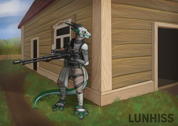 anthro armor bad_trigger_discipline belt building clothed clothed_anthro clothing cottage ear_piercing ear_ring equipment gun holding_gun holding_object holding_ranged_weapon holding_weapon horn male outside path piercing ranged_weapon rifle ring_piercing slavic_vernacular_architecture sniper_rifle solo tail text utility_belt wall_(structure) weapon wood wood_wall lunhiss mythology dragon mythological_creature mythological_scalie scalie artist_name digital_drawing_(artwork) digital_media_(artwork) hi_res shaded widescreen