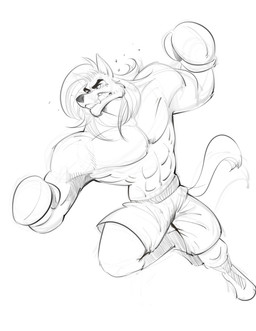 abs anthro biceps bottomwear boxing boxing_gloves boxing_shorts broad_shoulders clenched_teeth clothing eye_markings eyebrows hair handwear long_hair male markings muscular muscular_male pecs punch shorts solo sport tail teeth mikeknight19 alexzandr_sokolov canid canine canis mammal wolf hi_res sketch