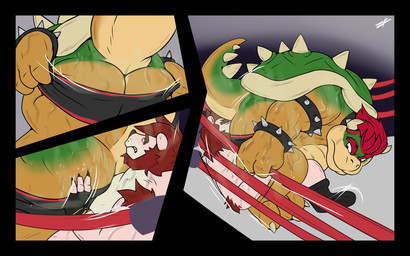 anthro bodily_fluids butt clothed clothing duo eyebrows facesitting fighting_ring fur green_body hair male male/male multicolored_body musk orange_body pink_body pink_fur red_hair sitting_on_another sweat underwear underwear_only ziuki mario_bros nintendo bowser bear dragon_koopa koopa mammal scalie 16:10 comic hi_res widescreen