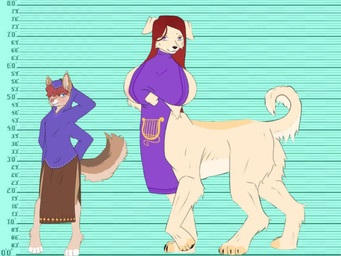 4_arms anthro big_breasts breasts brown_body brown_fur chart curled_tail digitigrade duo female floppy_ears fur hair height_chart huge_breasts larger_female long_hair male messy_hair multi_arm multi_limb red_hair size_difference smaller_male tail tan_body tan_fur vibranthollow angela_(taur) aruin taur 4:3 hi_res