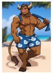 2_horns anthro beach blue_clothing blue_swimwear blurred_background border bottomwear brown_body brown_fur brown_hair clothed clothing eyebrows fur green_eyes hair hooves horn male muscular muscular_male navel outside pattern_bottomwear pattern_clothing pecs pink_nose seaside shadow solo standing swimming_trunks swimwear tail tail_tuft topless towel tuft white_border rook_kawa bovid bovine cattle mammal 2023 artist_name hi_res