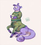 beverage blue_body blue_fur candy chocolate clothing container cup dessert eyes_closed eyestalks female food fur hooves hot_chocolate mug slightly_chubby solo stinger_tail sweater topwear c_rowles_(artist) animorphs alien andalite taur