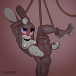 abs anthro arms_tied bdsm blush bondage bound breasts female frown grey_body legs_tied muscular muscular_anthro muscular_female nipples nude one_leg_up purple_eyes raised_leg restraints rope rope_bondage simple_background solo spread_legs spreading radaq disney zootopia judy_hopps lagomorph leporid mammal rabbit 1:1 2020 hi_res