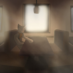 anthro cafe fur furniture grey_body grey_fur inside male markings orange_markings solo table dinglethecat dingle_(dinglethecat) hi_res