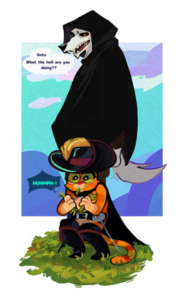 abstract_background anthro belt boots cape caught cloak clothing confusion crouching dialogue duo eating eating_grass fangs fluffy fluffy_tail footwear fur fuzzy glowing glowing_eyes grass green_eyes hat headgear headwear holding_object hood hood_up looking_at_another looking_back looking_back_at_another looking_down male melee_weapon narrowed_eyes nature object_in_mouth open_mouth orange_body orange_fur outside plant poncho pupils question rapier red_eyes shoes simple_background size_difference speech_bubble square_background standing standing_behind surprised sword tail teeth text weapon white_body white_fur white_pupils wide_eyed viat_on dreamworks puss_in_boots_(franchise) death_(puss_in_boots) puss_in_boots_(dreamworks) canid canine canis domestic_cat felid feline felis mammal tabby_cat wolf english_text hi_res
