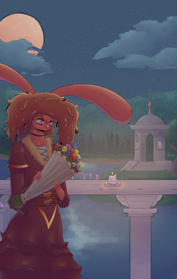anthro clothed clothing crossdressing dress femboy fur hair long_hair male purple_eyes red_body red_clothing red_dress red_fur red_hair solo yomi_(yomi) yomi_(artist) lagomorph leporid mammal rabbit hi_res
